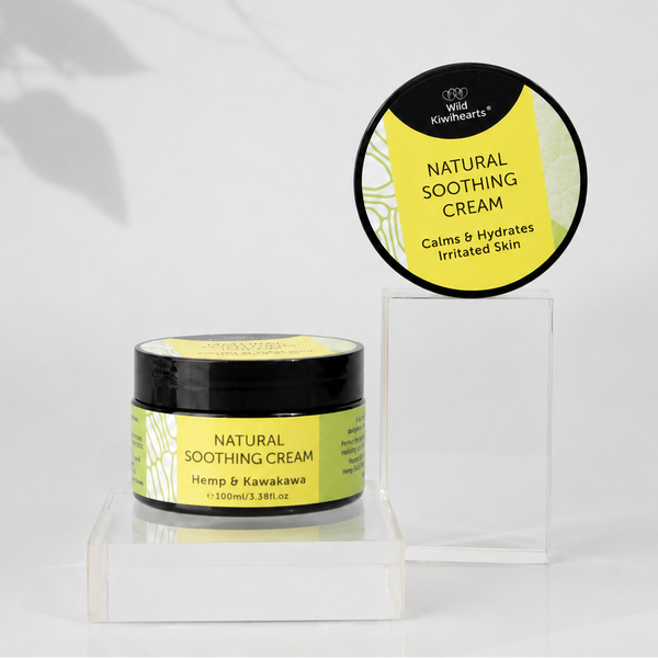 Jar of natural soothing cream with a circular container labeled 'Natural Soothing Cream' on a light gray background.